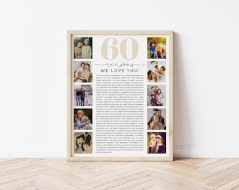Sjabloon 60 redenen waarom we van je houden, aangepaste fotocollage, 60e verjaardagscadeau, 60e verjaardag, cadeau voor moeder, vader, beste vriend, canvassjabloon