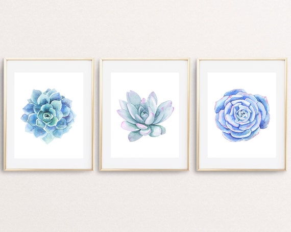Succulent Print Set Succulent Printable Blue Succulent Wall | Etsy