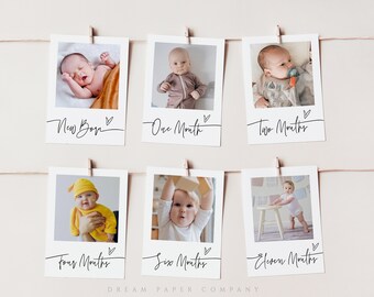Pode incluir: Seis fotos em preto e branco de um bebê em diferentes idades, do recém-nascido aos onze meses, são exibidas em um barbante com prendedores de roupa. Cada foto tem uma legenda escrita à mão com a idade do bebê, como "Recém-nascido", "Um mês", "Dois meses", "Quatro meses", "Seis meses" e "Onze meses".