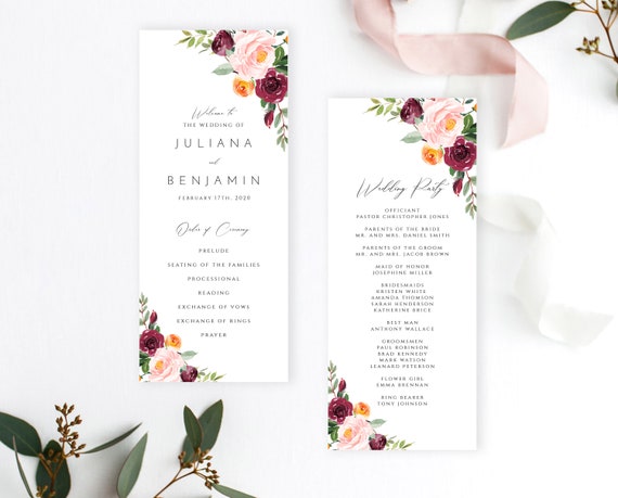 Floral Wedding Program Printable Template Editable Program | Etsy