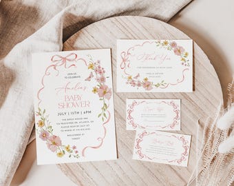 Coquette Baby Shower Invitation Template, Girl Baby Shower Invite, Pink Bow Baby Shower, Editable Template, Pink Coquette Floral Ribbon