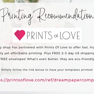 Puede incluir: Un logotipo de coraz&oacute;n rosa con el texto "PRINTS OF LOVE" debajo. El texto debajo del logotipo dice "Mi tienda se ha asociado con Prints Of Love para ofrecer impresi&oacute;n r&aacute;pida, de alta calidad y asequible. Adem&aacute;s, el env&iacute;o es GRATIS en 2-3 d&iacute;as y los sobres son GRATIS. &iexcl;Lo que es a&uacute;n mejor, son ecol&oacute;gicos! Simplemente siga el enlace a continuaci&oacute;n para imprimir sus plantillas. https://printsoflove.com/ref/dreampapercompany/"