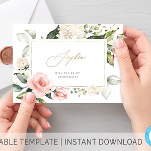 Blush Will You Be My Bridesmaid Card Bruidsmeisje Voorstel Kaart Blush Bruidsmeisje Verzoek Kaart Blush en Gouden Bruidsmeisje Bewerkbaar Sjabloon