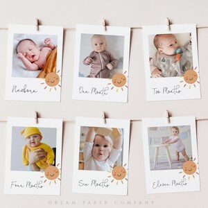 Photos milestone du premier anniversaire, modèle de bannière photo mensuelle, affichage de photos de jalon de bébé, photos de 1ère année, premier voyage autour du soleil
