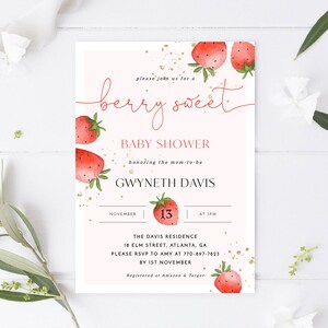 Strawberry Baby Shower Invitation Template, A Berry Sweet Baby Shower Invite, Girl Shower Invite, Strawberry Shower, Editable Template