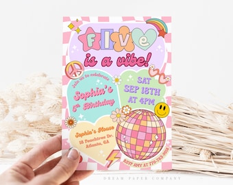 Groovy 5th Birthday Invitation Template, Five Is A Vibe Birthday Invite, Retro Groovy Birthday, Preppy Disco, Hippie, Smiley Face Invite