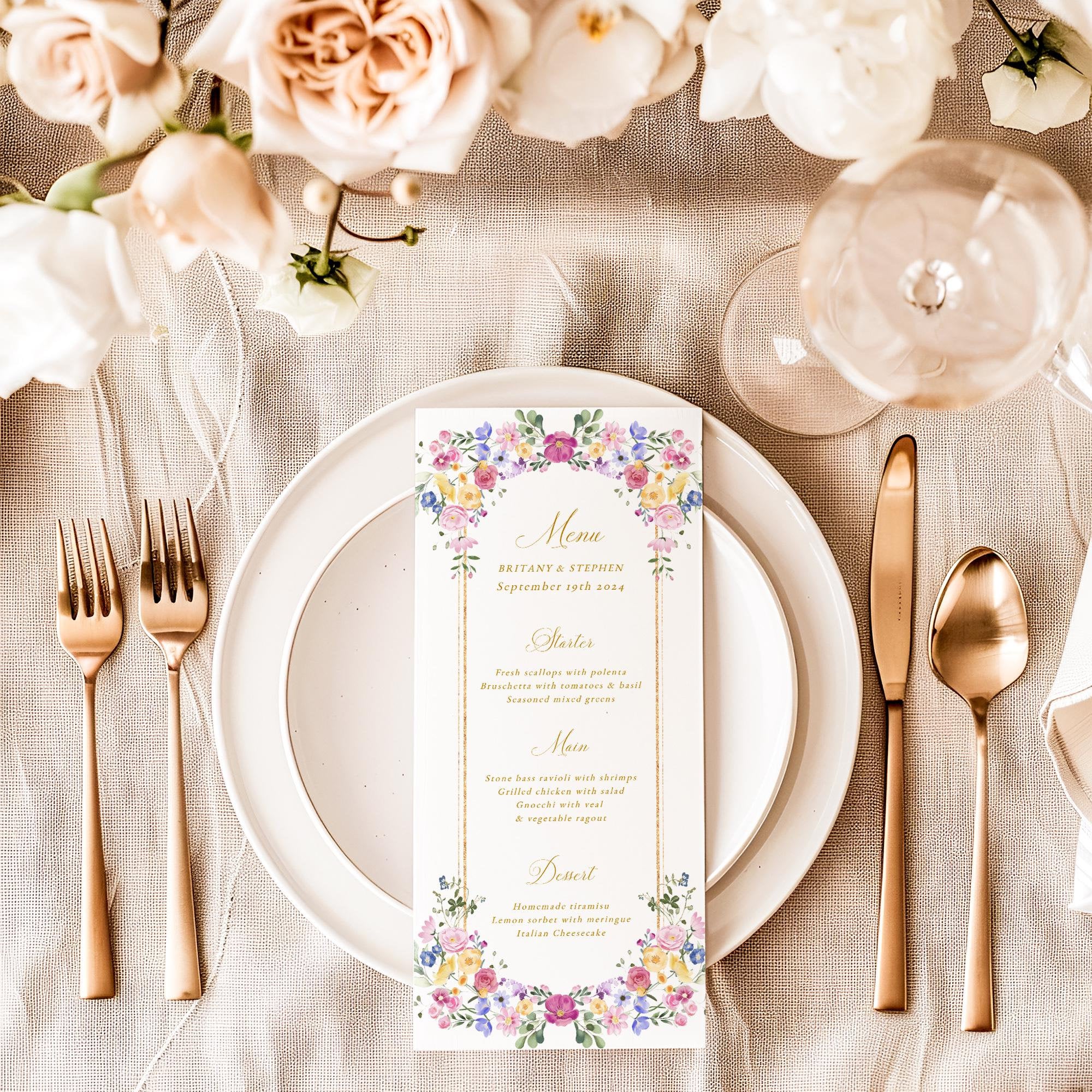 Spring Wedding Menu Template, Garden Flowers Menu Printable, Floral ...