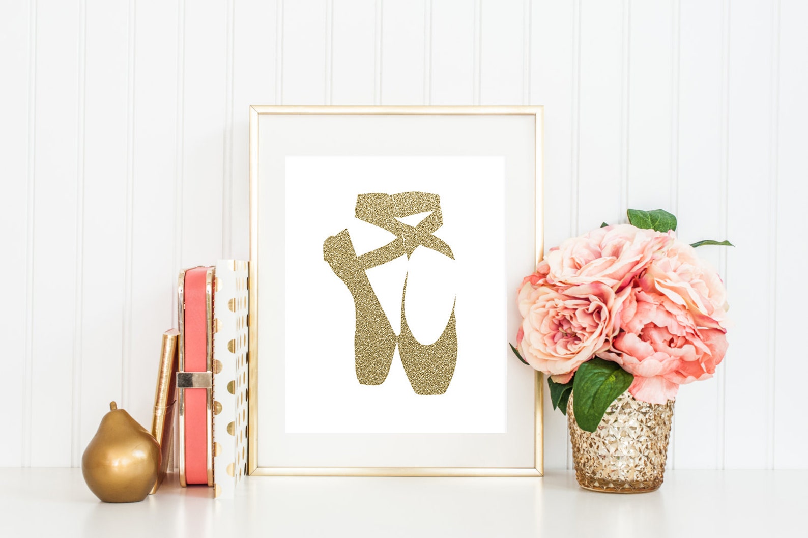 ballet shoes print, gold glitter, ballet shoes printable, girl room wall art, baby girl nursery print, ballet wall art, girl roo