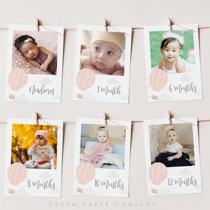 Hot Air Balloon First Birthday Milestone Photos, Monthly Photo Banner Template, Milestone Photo Cards, 1st Year Photos, Up Up And Away