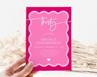 Wave 30th Birthday Invitation, Hot Pink 30th Birthday Invite, Wavy Border 30th Birthday, Modern 30th Birthday Invite, Female Birthday Party