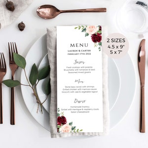Burgundy Wedding Menu Printable Burgundy Menu Template Wedding Menu Cards Editable Template Table Menu Floral Menu Sign Table Setting