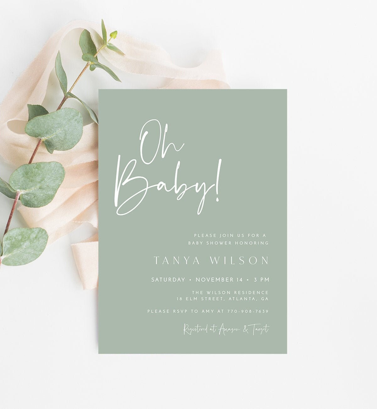 Sage Green Baby Shower Invitation Template Oh Baby Minimalist Etsy