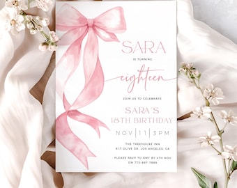 Rosa Schleife 18. Geburtstag Einladung Vorlage, Band 18. Geburtstag einladen, Kokette Einladung, bearbeitbare Vorlage, Mädchen 18. Geburtstag einladen