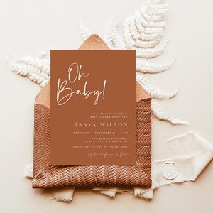 Plantilla de invitación de baby shower de terracota, invitación de baby shower minimalista oh bebé, ducha de género neutro, invitación editable