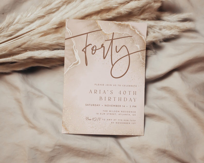Beige 40th Birthday Invitation Template, Minimalist 40th Birthday Invite, Modern Neutral 40th Birthday, Editable Gold Birthday Invite image 1