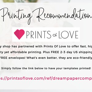 Puede incluir: Un logotipo de coraz&oacute;n rosa con el texto "PRINTS OF LOVE" debajo. El texto debajo del logotipo dice "Mi tienda se ha asociado con Prints Of Love para ofrecer impresi&oacute;n r&aacute;pida, de alta calidad y asequible. Adem&aacute;s, el env&iacute;o es GRATIS en 2-3 d&iacute;as y los sobres son GRATIS. &iexcl;Lo que es a&uacute;n mejor, son ecol&oacute;gicos! Simplemente siga el enlace a continuaci&oacute;n para imprimir sus plantillas. https://printsoflove.com/ref/dreampapercompany/"