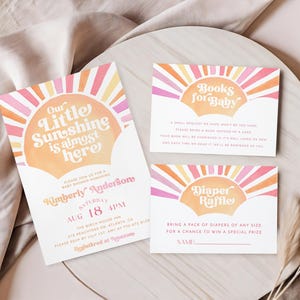 Our Little Sunshine Baby Shower Invitation Set, Girl Baby Shower Invite, Boho Pink Sun Invitation, Girl Sunshine Boho Baby Shower, Editable