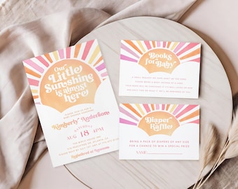 Ensemble d'invitations pour baby shower petit soleil, invitation baby shower fille, invitation soleil rose bohème, baby shower fille soleil bohème, modifiable