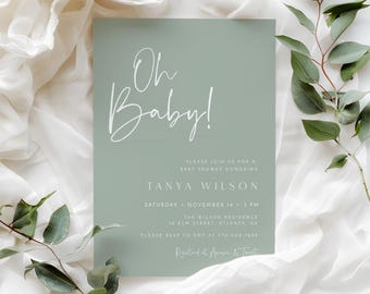 Sage Green Baby Shower Invitation Template, Oh Baby Minimalist Baby Shower Invite, Gender Neutral Shower, Sage Baby Shower, SAG1