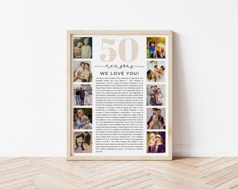 Mall för 50 anledningar till att vi älskar dig, Anpassat fotokollage, 50-årspresent, 50-årsjubileum, Present till mamma, pappa, bästa vän, Canva-mall