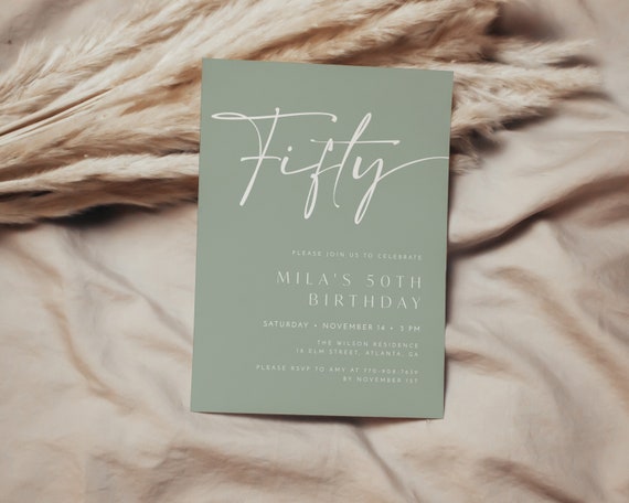 Modern Minimalist 50th Birthday Invitation Sage Green 50th - Etsy