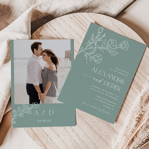 Sage Green Wedding Invitation, Modern Invitation, Minimalist Invitation Template, Editable Template, Sage Floral Wedding Invite, FLORA