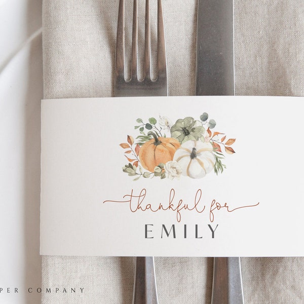 Thanksgiving Name Card Template, Pumpkin Place Card Printable, Happy Thanksgiving Napkin Wrap, Thankful for tag, Editable Name Tag