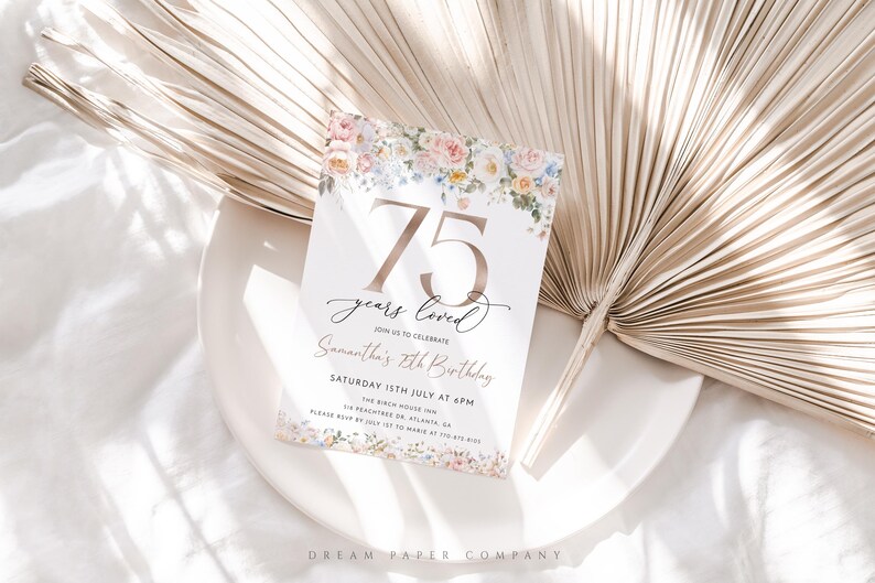 Floral 75th Birthday Invitation Template, Spring Birthday Invite ...
