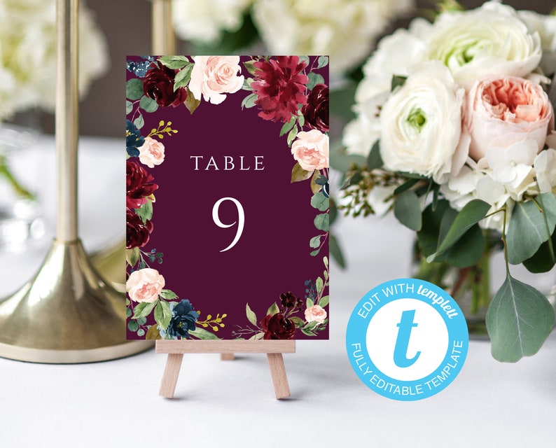 burgundy table numbers template 1 40 printable table numbers etsy