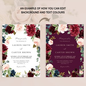 Puede incluir: Dos dise&ntilde;os de invitaci&oacute;n de boda con fondo burdeos y borde floral. El texto dice "Por favor, &uacute;nase a nosotros para la boda de Lauren Smith y Carter Brown. S&aacute;bado, 17 de febrero de 2018 a las 3 de la tarde. The Hyatt Regency Hotel, 9001 International Dr, Orlando, FL. Recepci&oacute;n a continuaci&oacute;n."