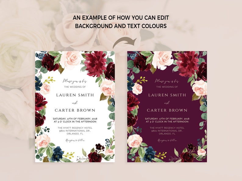 Puede incluir: Dos dise&ntilde;os de invitaci&oacute;n de boda con fondo burdeos y borde floral. El texto dice "Por favor, &uacute;nase a nosotros para la boda de Lauren Smith y Carter Brown. S&aacute;bado, 17 de febrero de 2018 a las 3 de la tarde. The Hyatt Regency Hotel, 9001 International Dr, Orlando, FL. Recepci&oacute;n a continuaci&oacute;n."