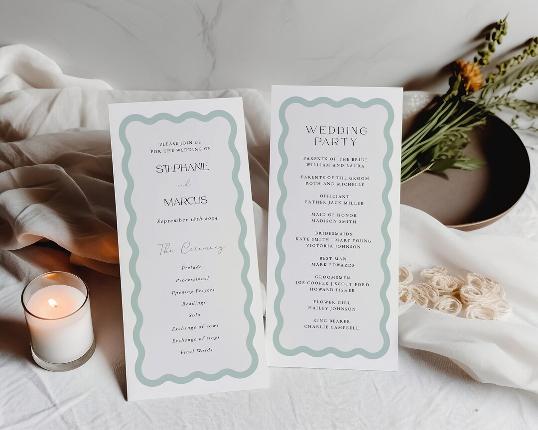 Wavy Border Wedding Program Template, Sage Green Wedding Program, Wave ...
