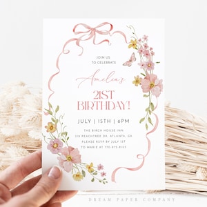 Coquette 21st Birthday Invitation Template, Wildflower 21st Birthday Invite, Pink Bow 21st Birthday, Editable Template, Spring Birthday