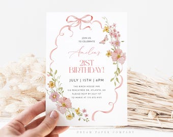 Coquette 21st Birthday Invitation Template, Wildflower 21st Birthday Invite, Pink Bow 21st Birthday, Editable Template, Spring Birthday
