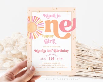 Editable Sun 1st Birthday Invitation, One Happy Girl Retro 1st Birthday Party Invite, Girl 1st Birthday Invitation, Boho Sun Invitation,