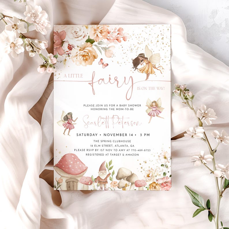 Modèle d'Invitation pour baby shower fée, Shower de bébé fées magiques, Faire-part de fée enchantée, modèle modifiable, une petite fée, FBS1 image 2