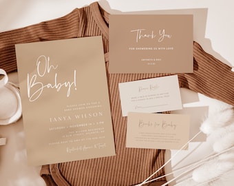 Beige Baby Shower Invitation Template, Minimalist Baby Shower Invite, Modern Invitation Suite, Gender Neutral Shower, Editable Invitation