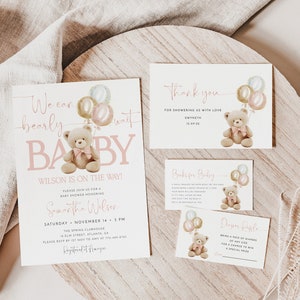 Teddy Bear Baby Shower Invitation Template, We Can Bearly Wait Invite, Girl Baby Shower, Editable Template, Bear With Balloons, It's a Girl
