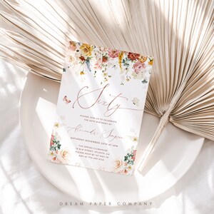 Floral 60th Birthday Invitation Template, Spring Birthday Invite, Female Birthday, Wildflower Birthday Invitation, Garden Party Invitation