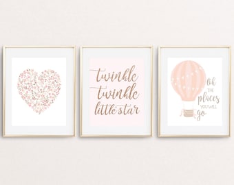 Girl Nursery print set oh the places you will go twinkle twinkle blush nursery wall art baby girl nursery printable, set of 3 pink print