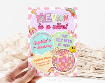 Groovy 7th Birthday Invitation Template, Seven Is A Vibe Birthday Invite, Retro Groovy 7th Birthday, Preppy Disco, Hippie, Smiley Face
