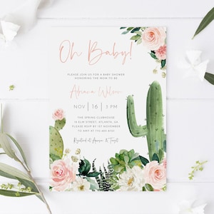 Modello per invito per baby shower Cactus, Baby Shower Fiesta, Invito baby shower per ragazza, Modello modificabile, Let's Fiesta, Invito succulento