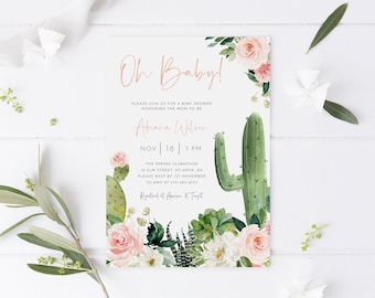 Cactus Baby Shower Invitation Template, Fiesta Baby Shower, Girl Baby Shower Invite, Editable Template, Let's Fiesta, Succulent Invitation