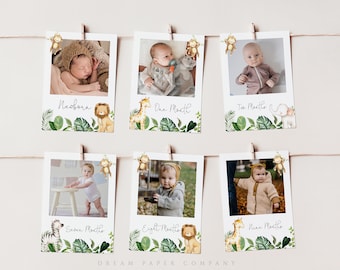 First Birthday Monthly Photo Banner Template, Jungle Baby Milestone Photo Cards, 1st Year Photos, 1st Birthday Photo Banner, Safari Animals