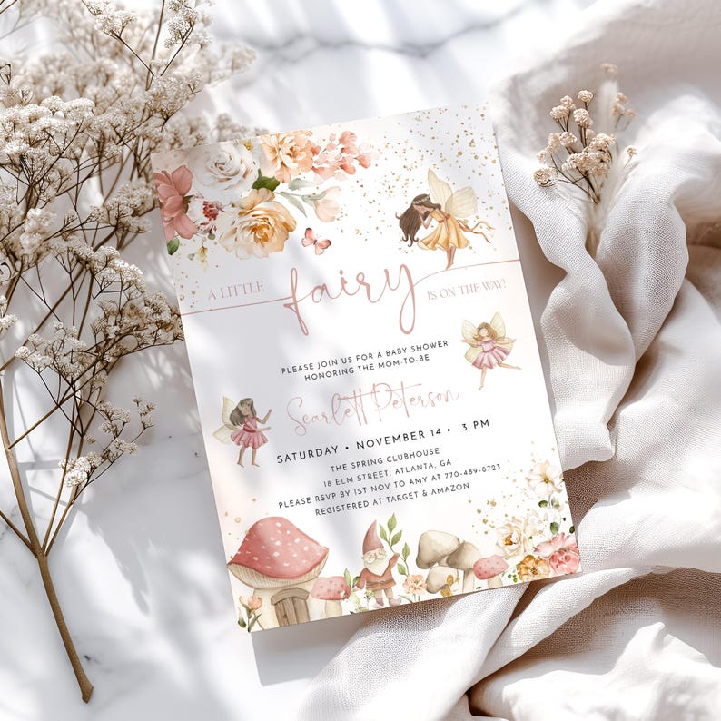 Modèle d'Invitation pour baby shower fée, Shower de bébé fées magiques, Faire-part de fée enchantée, modèle modifiable, une petite fée, FBS1 image 3