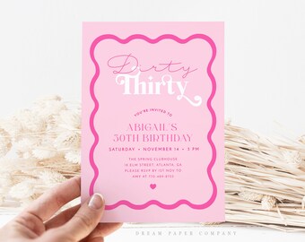 Wave 30th Birthday Invitation, Dirty Thirty Birthday Invite, Pink 30th Birthday, Modern Wavy Border 30th Birthday, Female Birthday Party