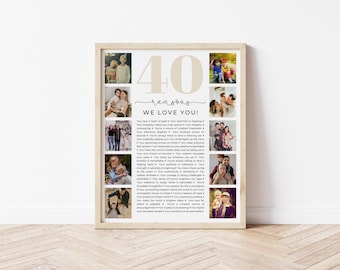Plantilla de 40 razones por las que te amamos, collage de fotos personalizado, regalo de 40 cumpleaños, 40 aniversario, regalo para mamá, papá, mejor amigo, plantilla de Canva