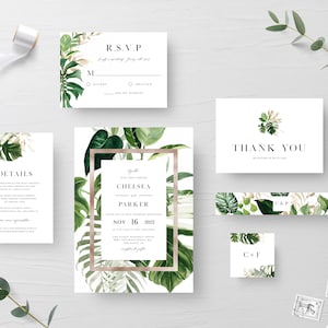 Tropical Wedding Invitation Suite Editable Template Tropical Greenery Wedding Invitation Printable Greenery and Gold Templett