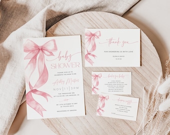 Pink Bow Baby Shower Invitation Template, Pink Coquette Invitation, Girl Baby Shower, Pink Bow Ribbon Baby Shower, Editable Template