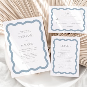 Wavy Border Wedding Invitation, Modern Invitation, Minimalist Invitation Template, Editable Template, Blue Wave Border Wedding Invite, Azure
